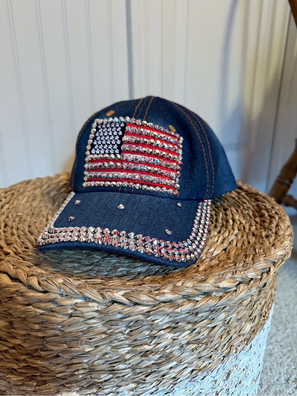 Denim Baseball Cap with Rhinestone American Flag - NWOT